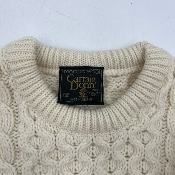 Carraig Donn Merino Wool Ivory Cable Knit Pullover Sweater Fisherman Unisex - Picture 3 of 8